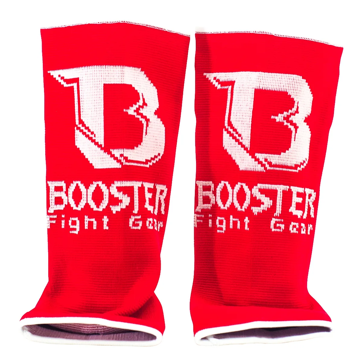 Червени протектори за глезен Booster AG PRO RED, показани под ъгъл, подчертаващи формата и еластичността на материала.