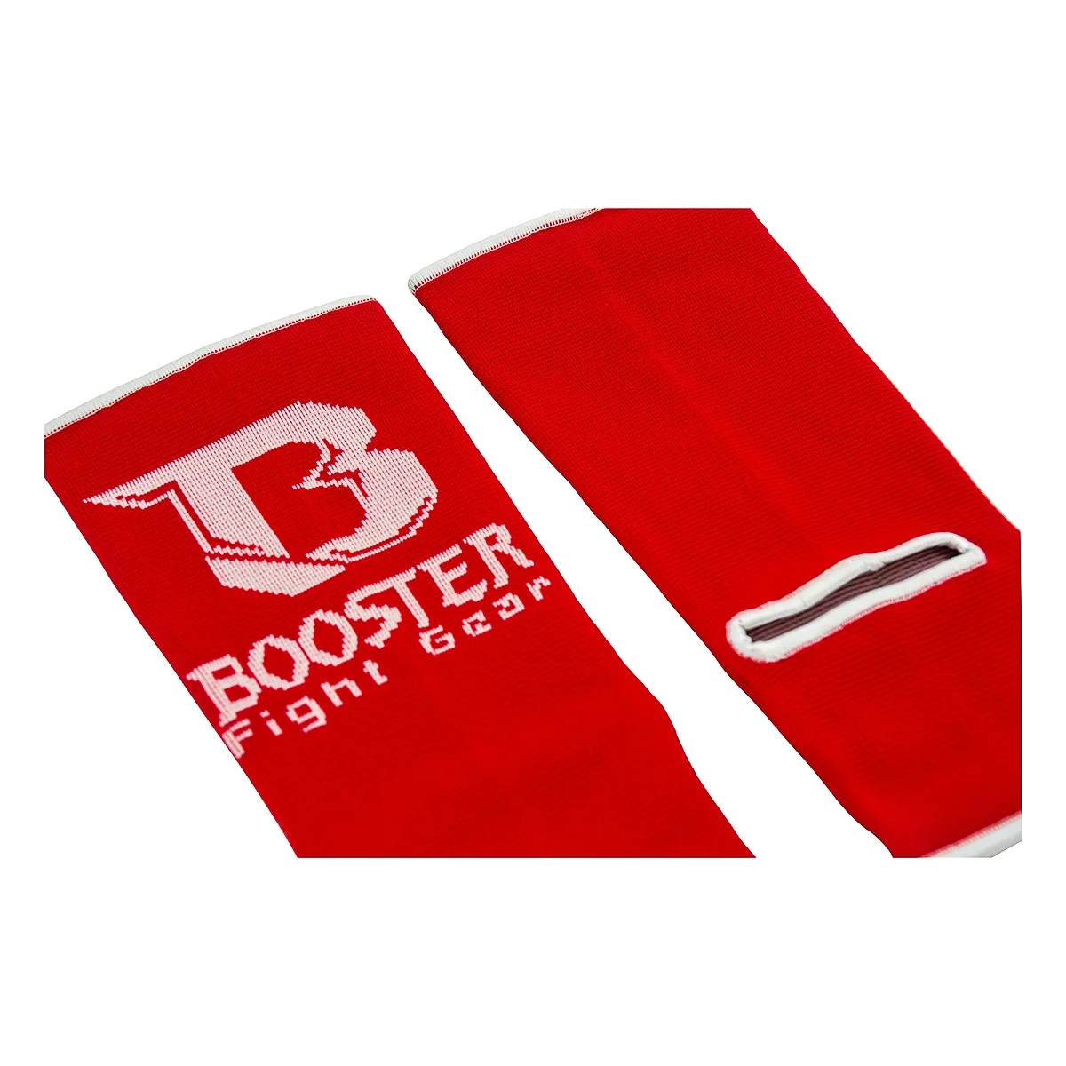 Червени протектори за глезен Booster AG PRO RED, показани отпред, с ясно видими шевове и лого на марката.