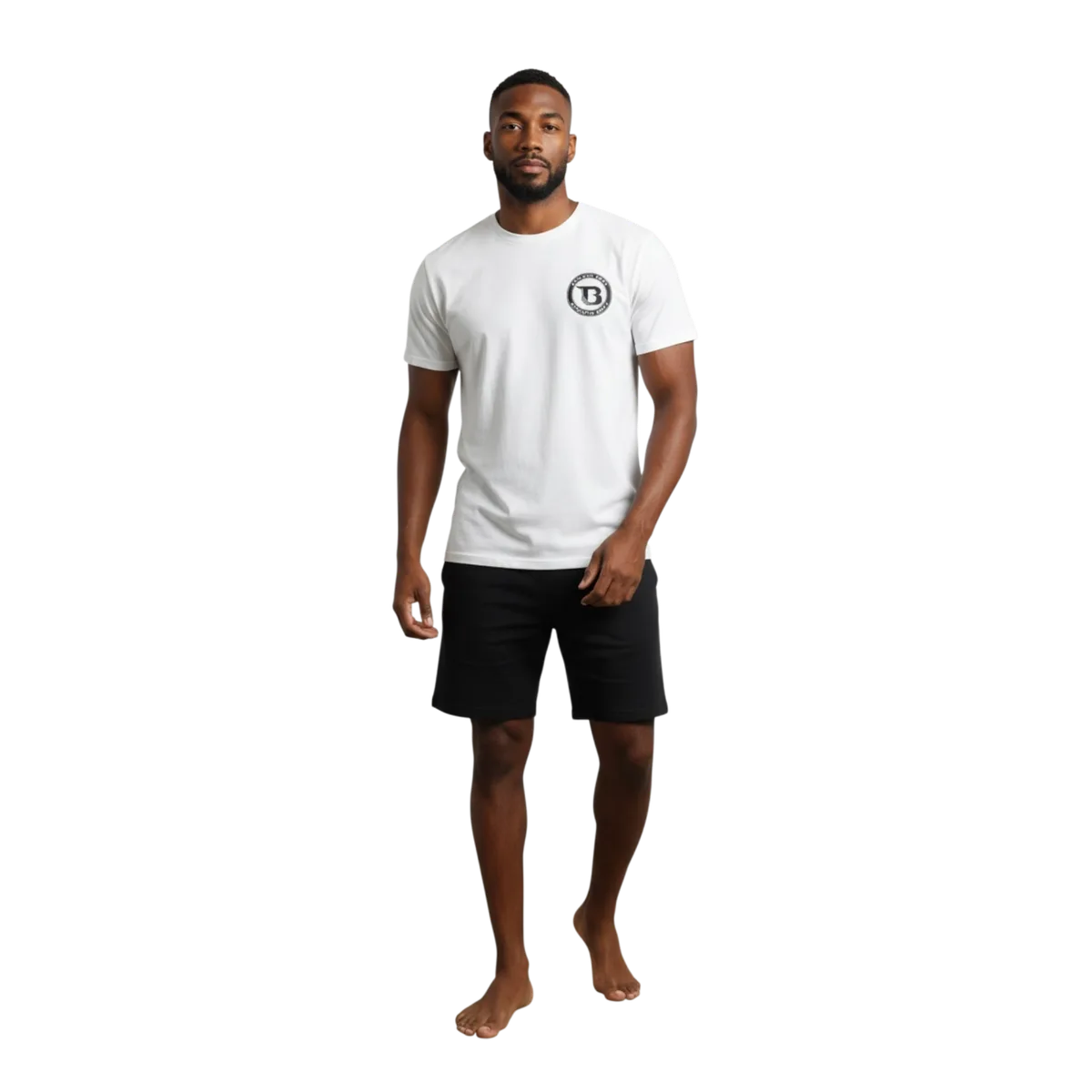 Бяла тениска Booster B Athletic Tee 4, показана отпред и отзад с логата на Booster Athletic Dept.