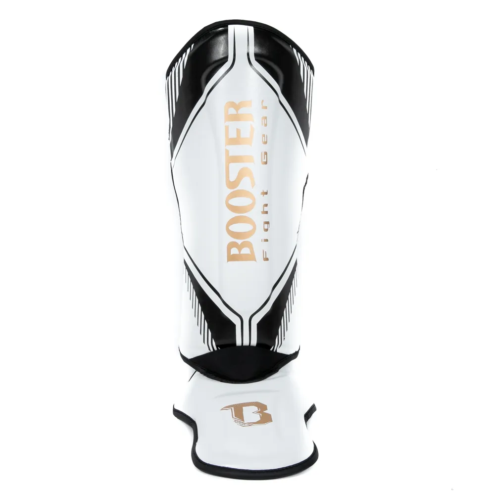 Бели протектори за крака Booster Bangkok Series 2 SG, показани отстрани, с видими велкро ленти за закрепване