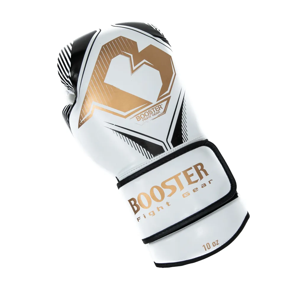 Бели боксови ръкавици Booster Bangkok Series 2, изглед на дланта и велкро закопчаването