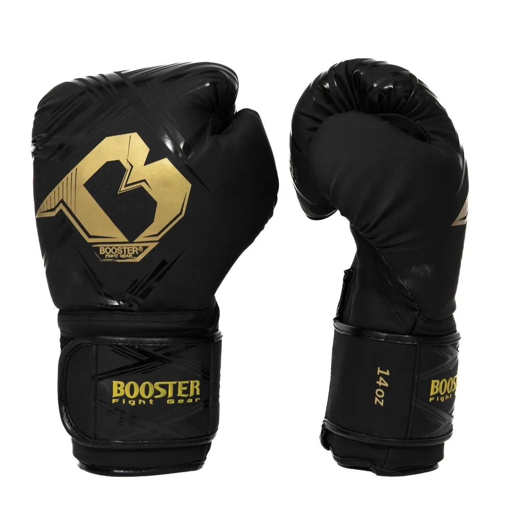 Страничен изглед на боксови ръкавици Booster BFG ALPHA BLACK/GOLD, показващ велкро закопчаването