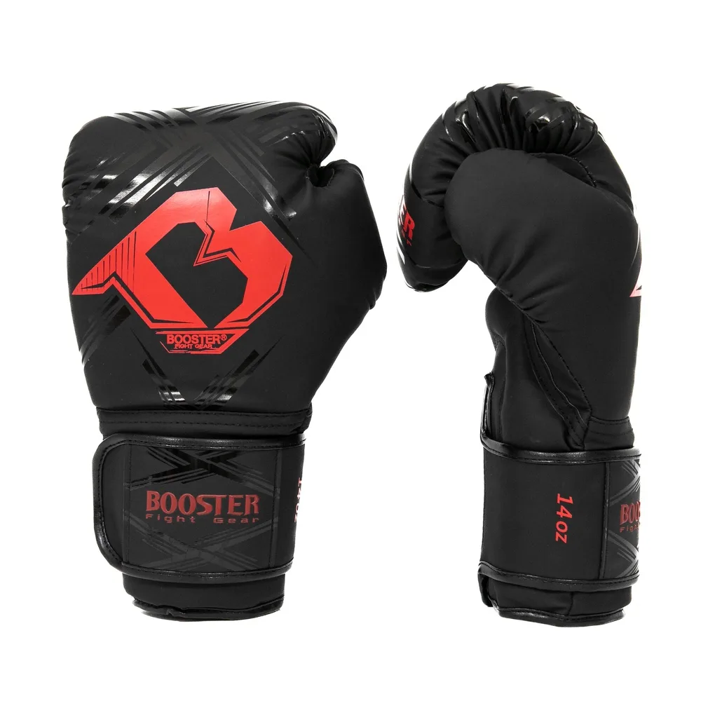 Страничен изглед на боксови ръкавици Booster BFG ALPHA BLACK/RED, показващ логото на Booster