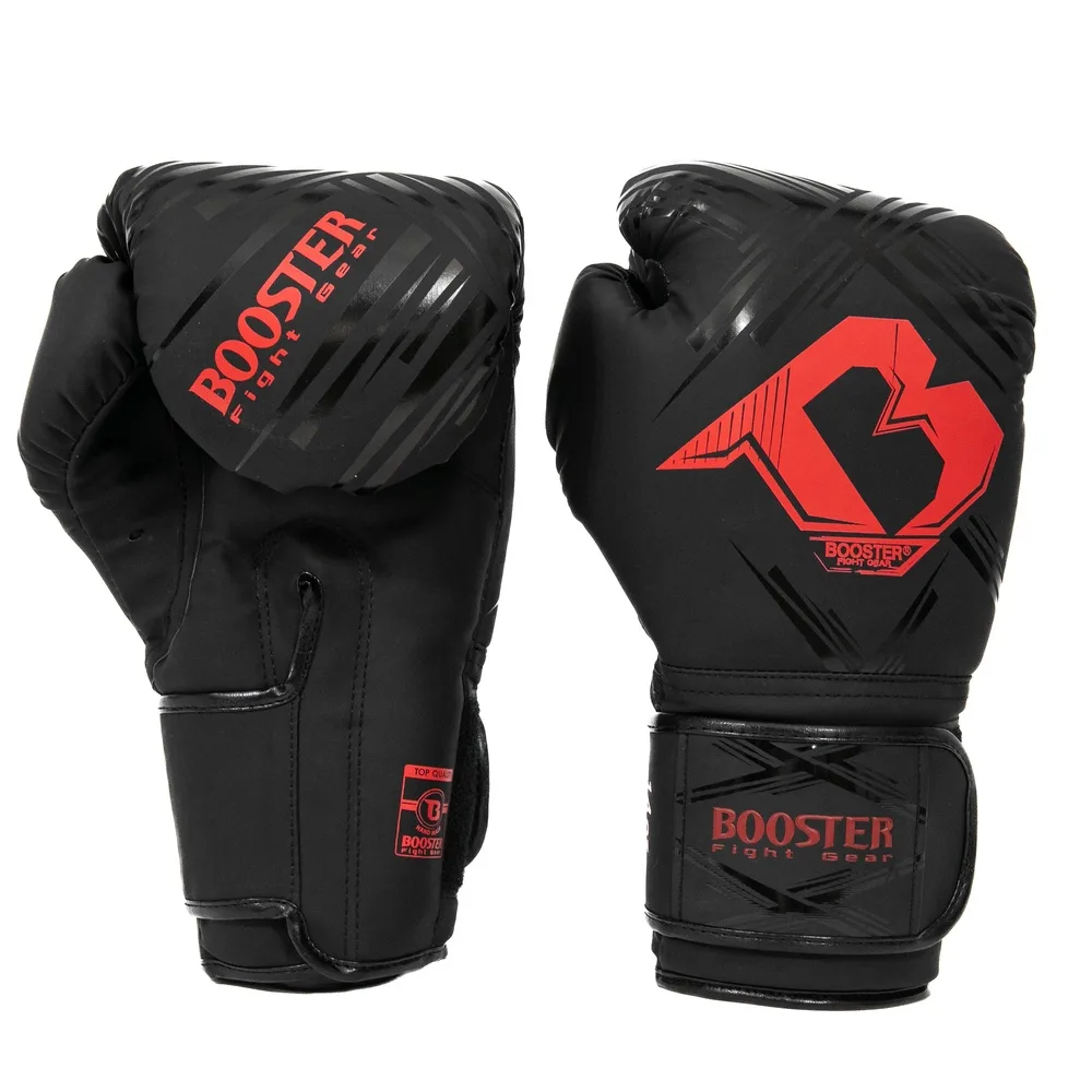 Боксови ръкавици Booster BFG ALPHA BLACK/RED отпред, черен цвят с червени акценти