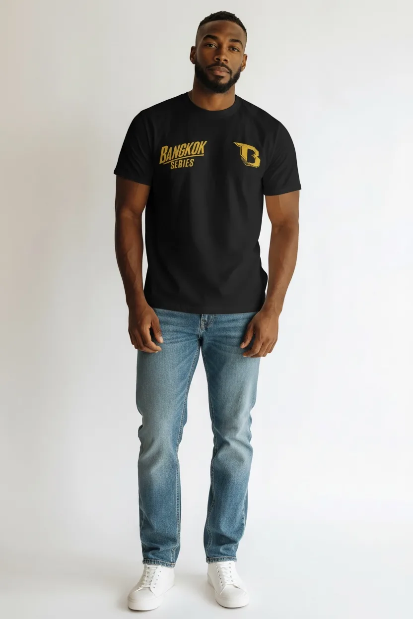 Мъжка тениска Booster BFG BANGKOK TEE 1 в черен цвят, показана отзад, с графичен дизайн и логото на Booster Fight Gear.