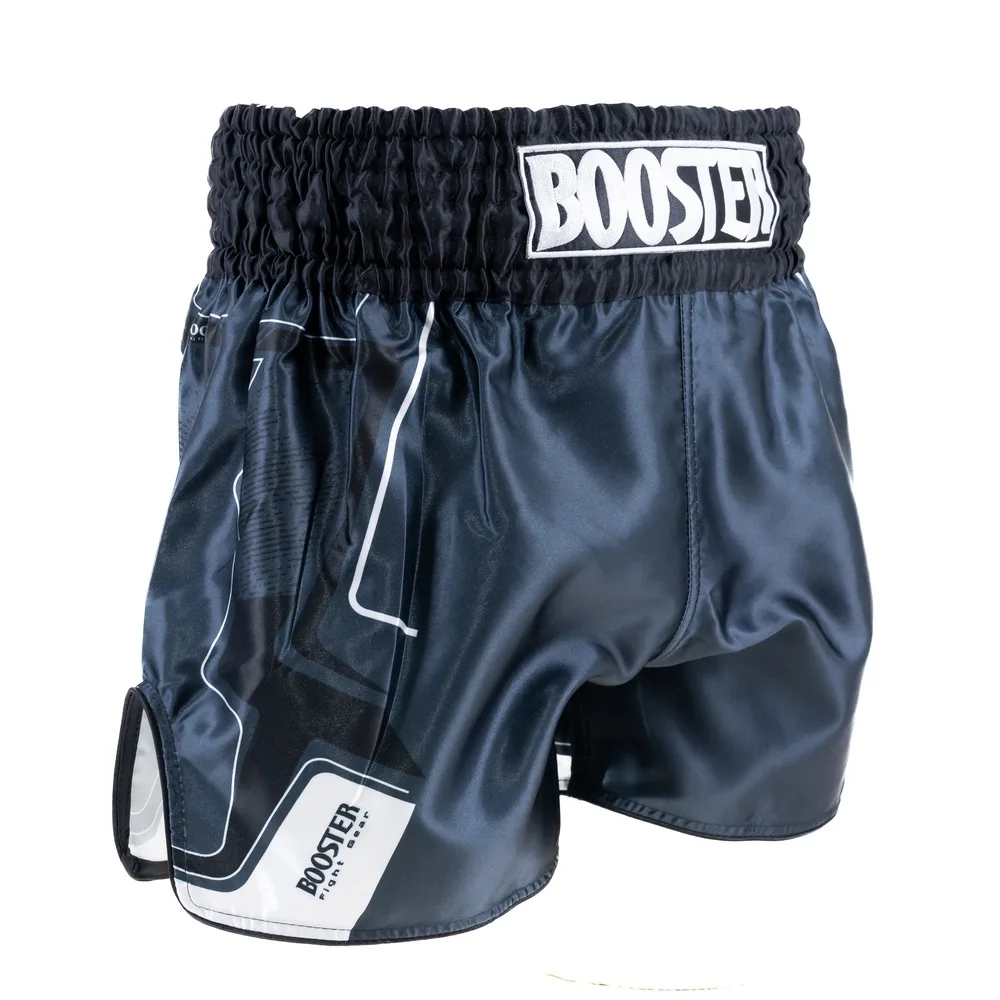 Детайлен изглед на черни шорти Booster BFG IGNITE 2, показващ логото на Booster Fight Gear и сублимирания дизайн.
