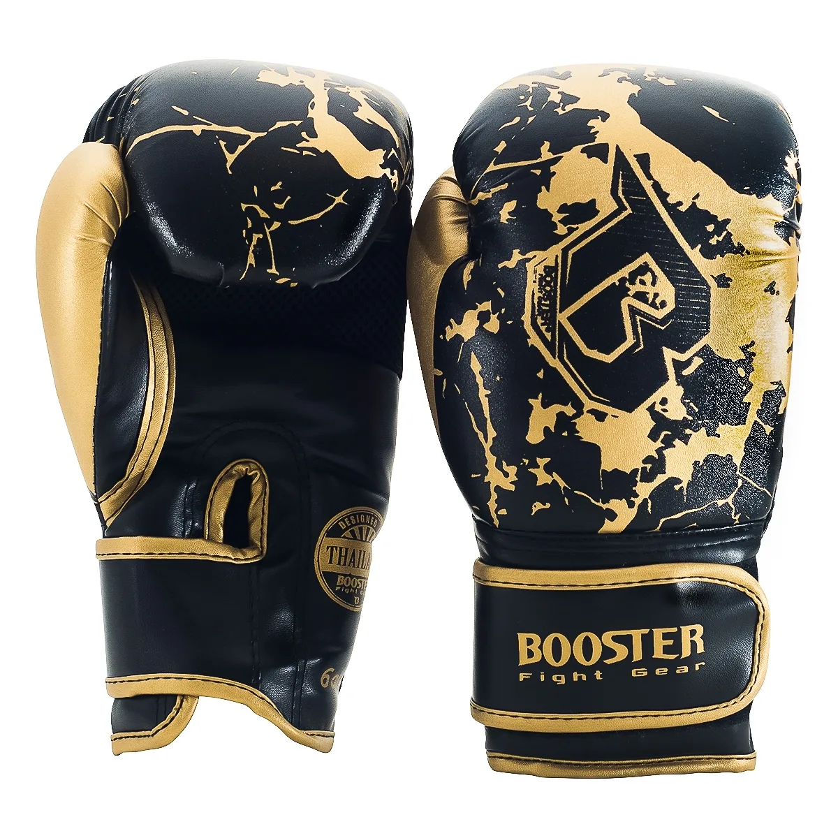 Детски боксови ръкавици Booster BG YOUTH MARBLE GOLD, изглед отстрани с логото на Booster