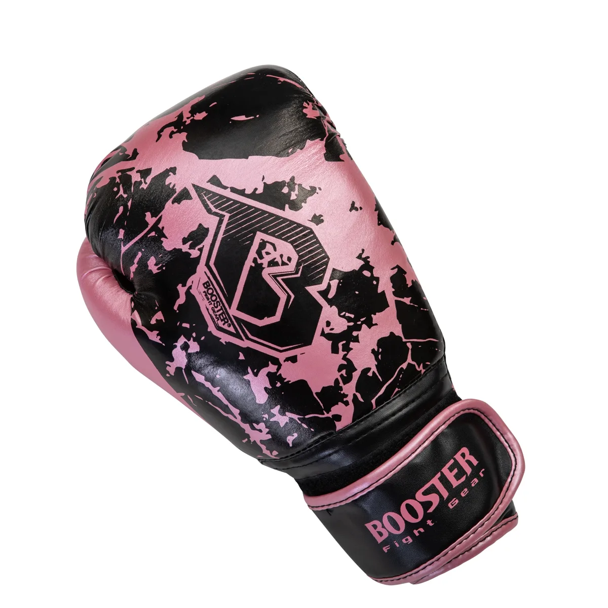 Детски боксови ръкавици Booster BG YOUTH MARBLE PINK, изглед отстрани с детайл на велкро закопчаването