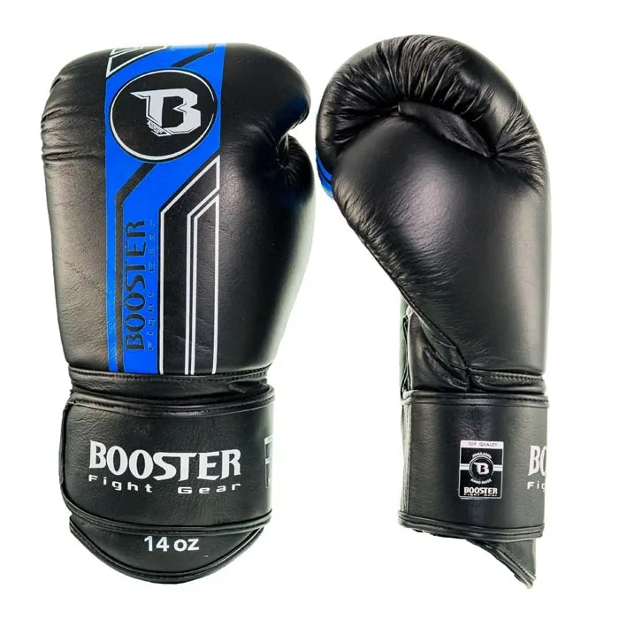 Боксови ръкавици Booster BGL V9 BLACK/BLUE, изглед отстрани, показващ велкро закопчаването и формата