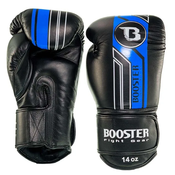 Боксови ръкавици Booster BGL V9 BLACK/BLUE, изглед отпред, с ясно видими лога и дизайн