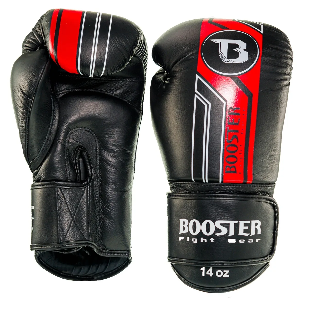 Страничен изглед на боксови ръкавици Booster BGL V9 BLACK/RED, подчертаващ велкро закопчаването и подсилената китка.