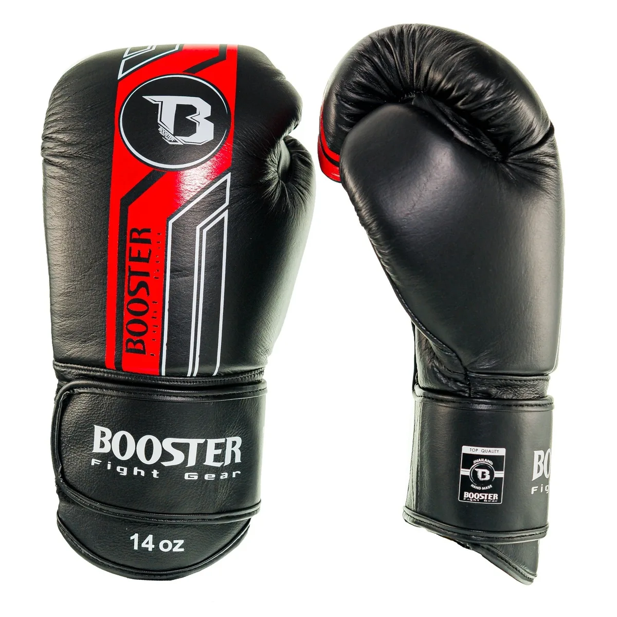 Боксови ръкавици Booster BGL V9 BLACK/RED отпред, показващи логото на Booster и червени акценти.