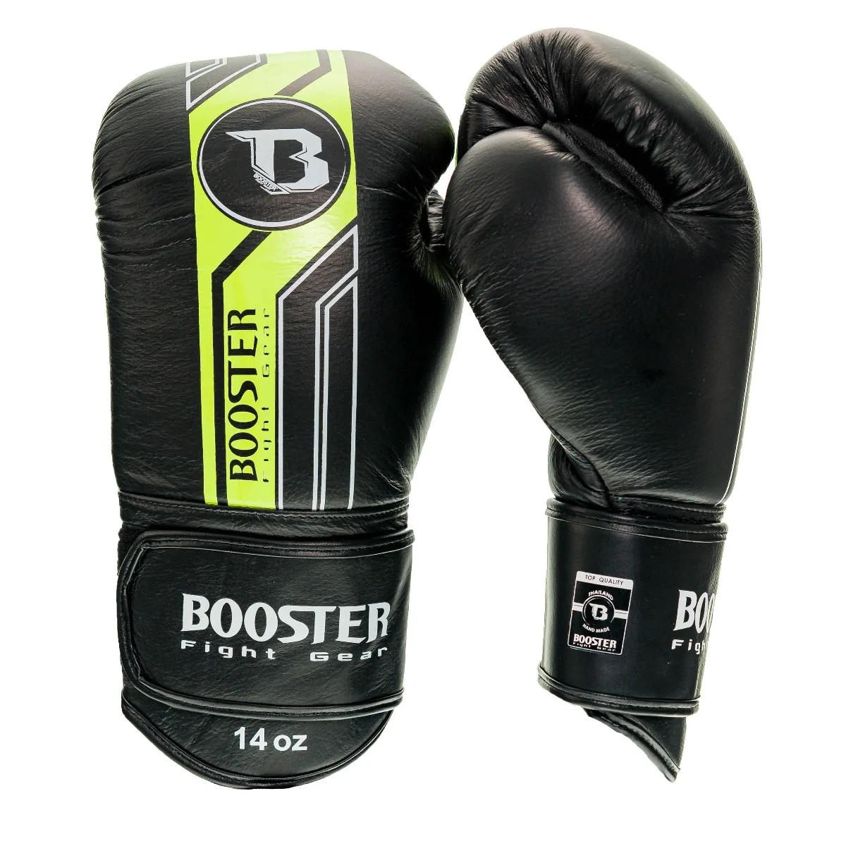 Booster BGL V9 боксови ръкавици в черен цвят с жълти акценти, показващи предната част и логото на Booster.
