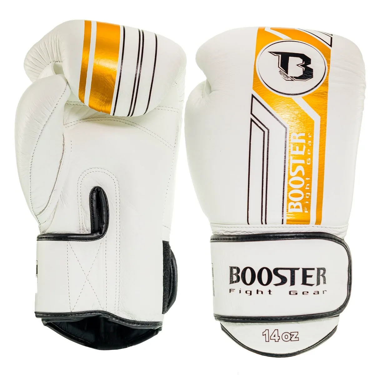 Боксови ръкавици Booster BGL V9 WHITE/GOLD, страничен изглед, показващ широката велкро лента за пристягане и конструкцията на палеца.
