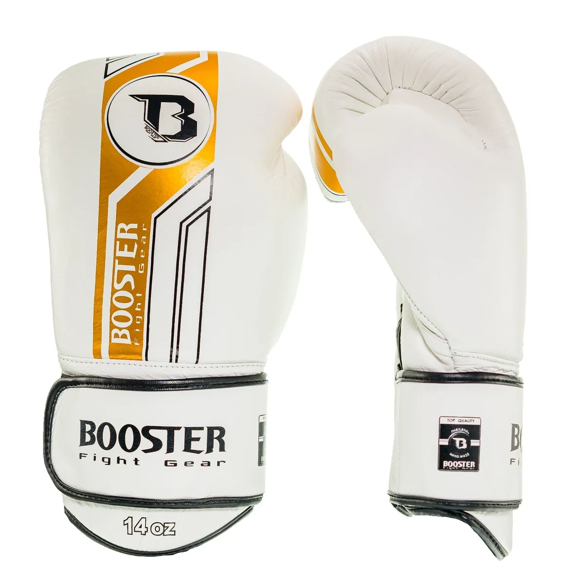 Боксови ръкавици Booster BGL V9 WHITE/GOLD, изглед отпред, с ясно видими лого и златисти акценти.