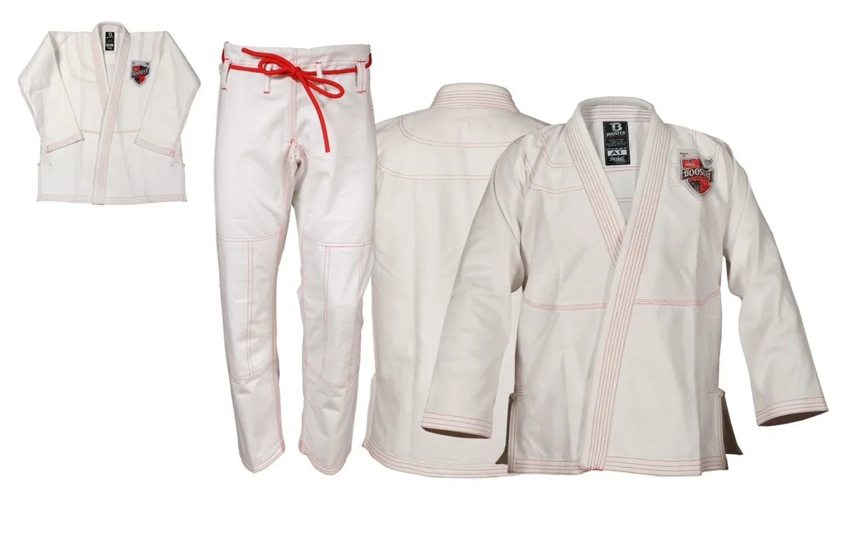 Booster BJJ V 2 PRO SHIELD WHITE кимоно, цял изглед отпред, с емблема на гърдите