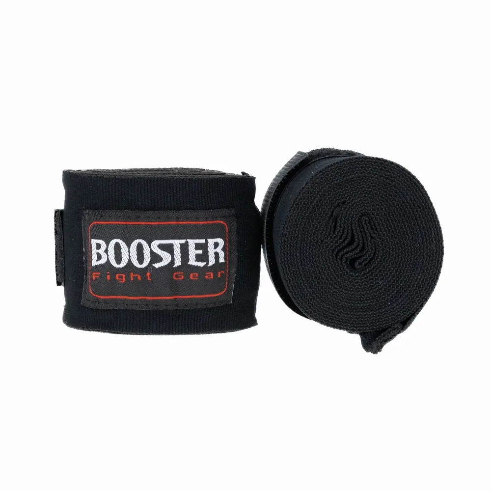 Бинтове Booster BPC BLACK, разгънати, показващи велкро закопчаването и еластичната материя.