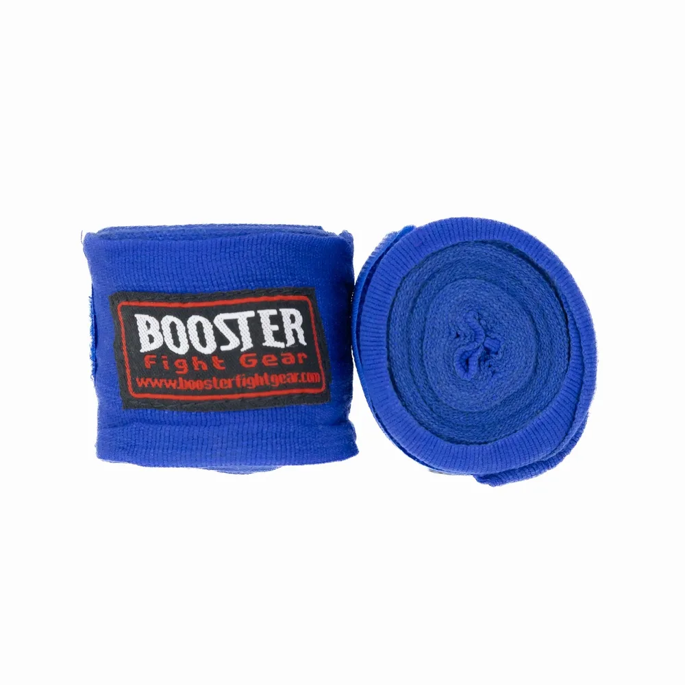 Близка снимка на сини бинтове Booster BPC BLUE с ясно видима еластична материя и логото на Booster Fight Gear