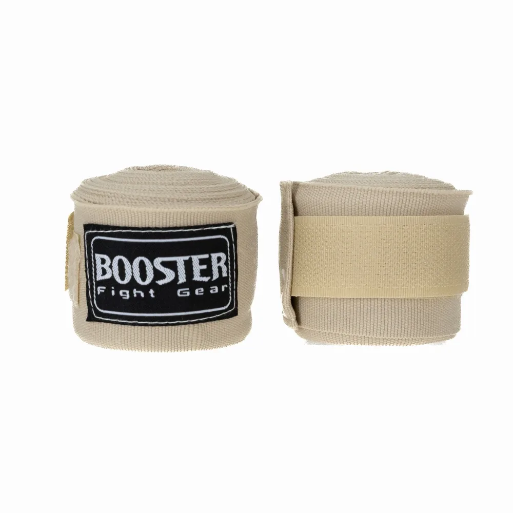 Бинтове Booster BPC CREAM в бежов цвят, разгънати, показващи логото на Booster Fight Gear и велкро закопчаването