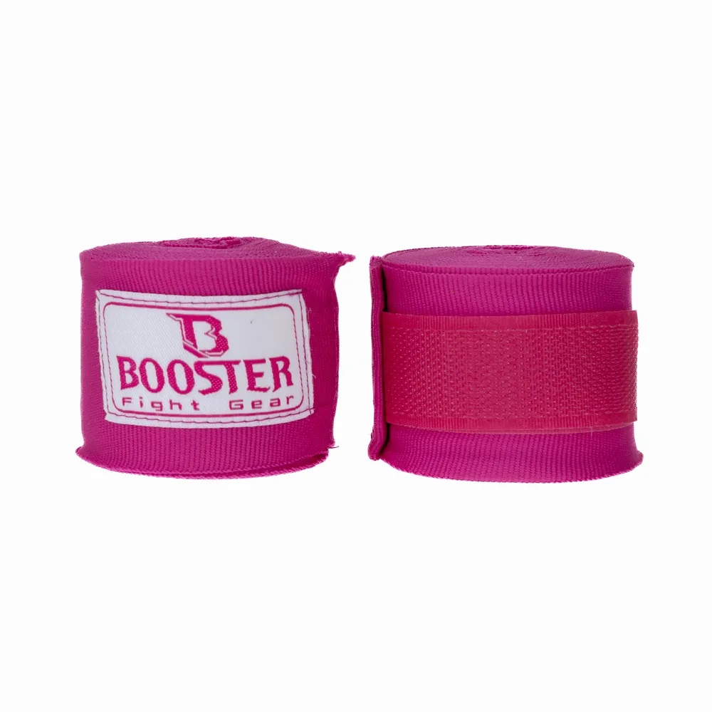 Бинтове Booster BPC FLUO PINK, разгънати, с ясно видима велкро лента и примка за палец.