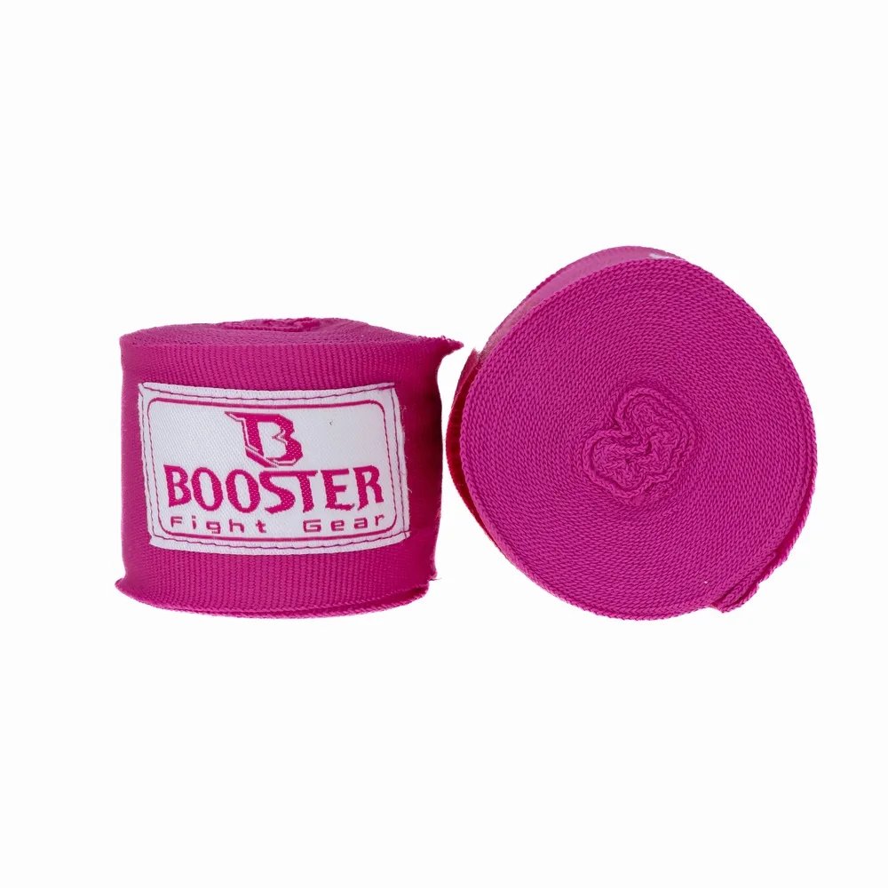 Яркорозови бинтове Booster BPC FLUO PINK, увити на руло, показващи логото на Booster Fight Gear.