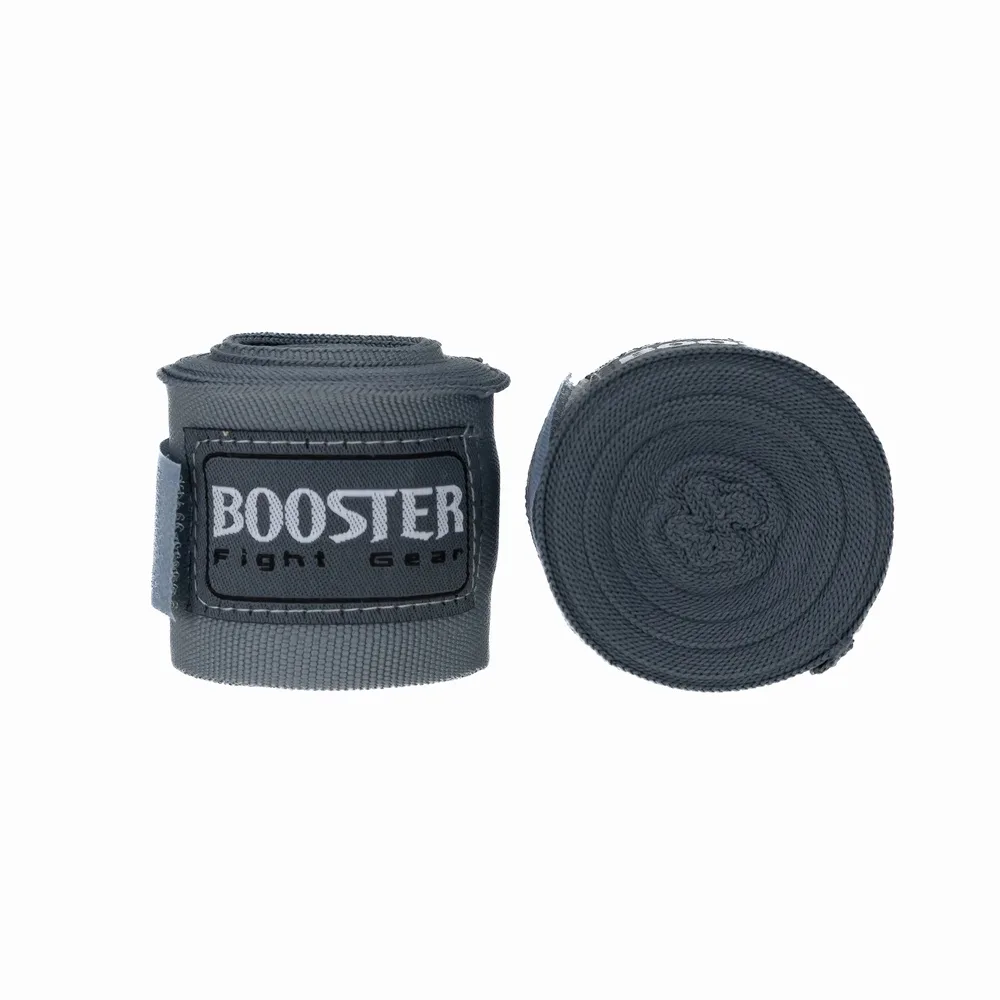 Разгънати сиви бинтове Booster BPC GREY, демонстриращи велкро закопчаването и етикета на марката.