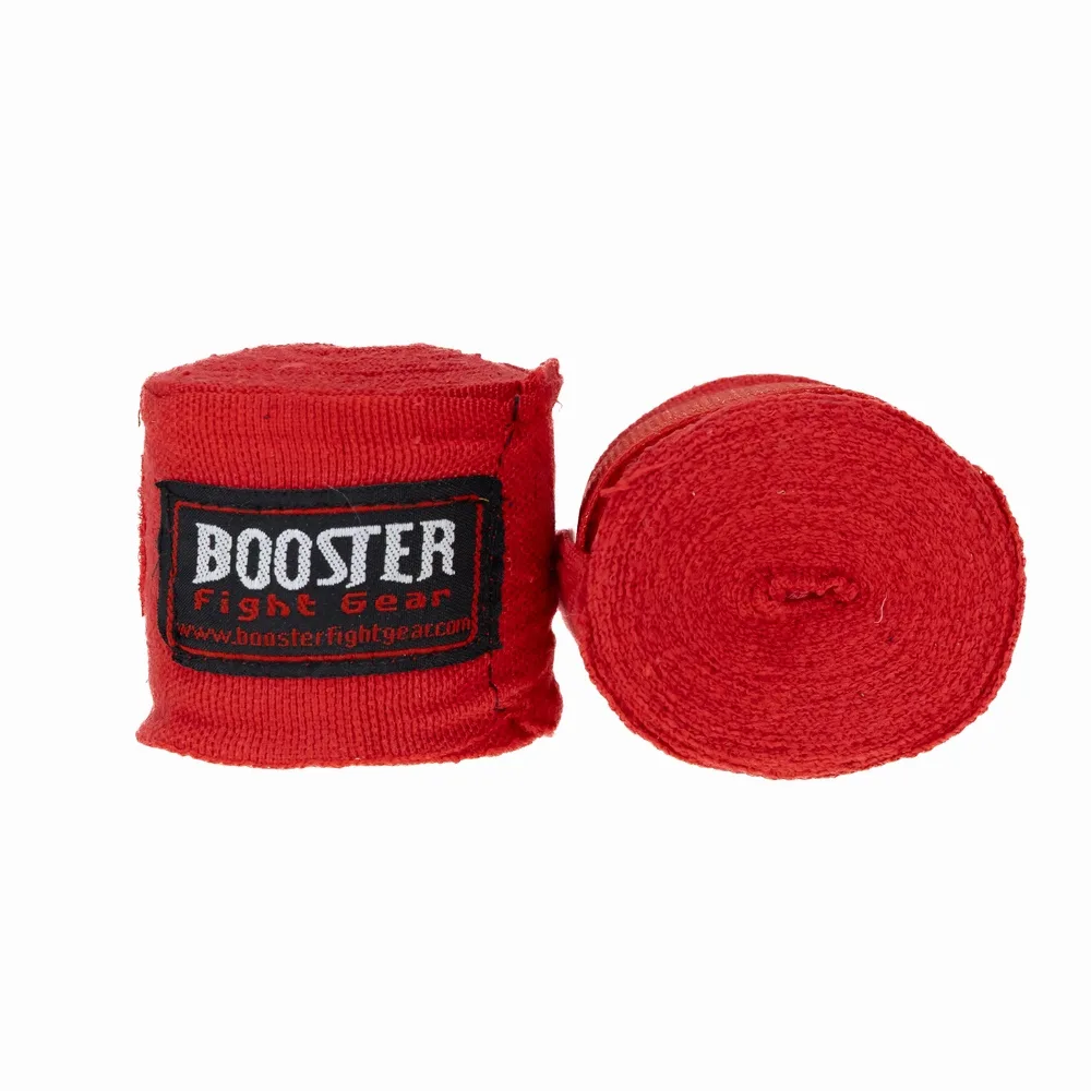 Разгънати червени бинтове Booster BPC RED, демонстриращи материята и велкро закопчаването.