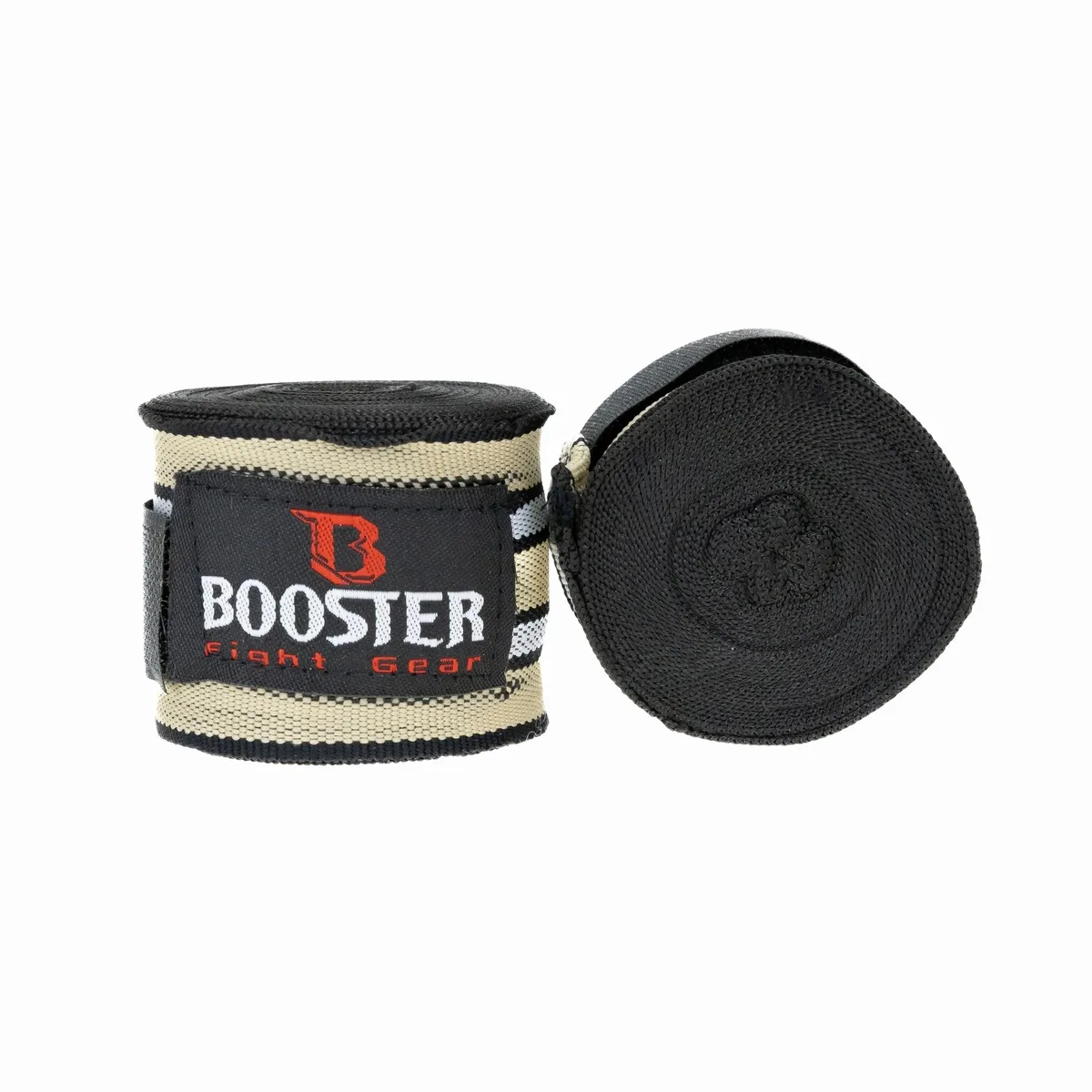 Бинтове Booster BPC RETRO 1, навити на руло, показващи компактния им вид и етикета с логото на Booster Fight Gear.