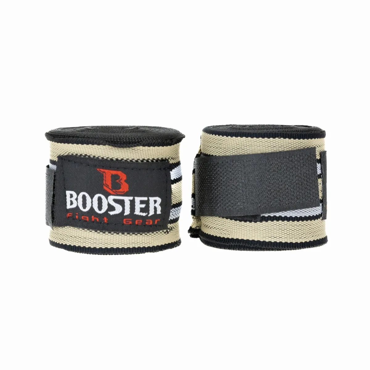 Бинтове Booster BPC RETRO 1 в черен цвят, разгънати на бял фон, показващи логото на марката и велкро закопчаването.