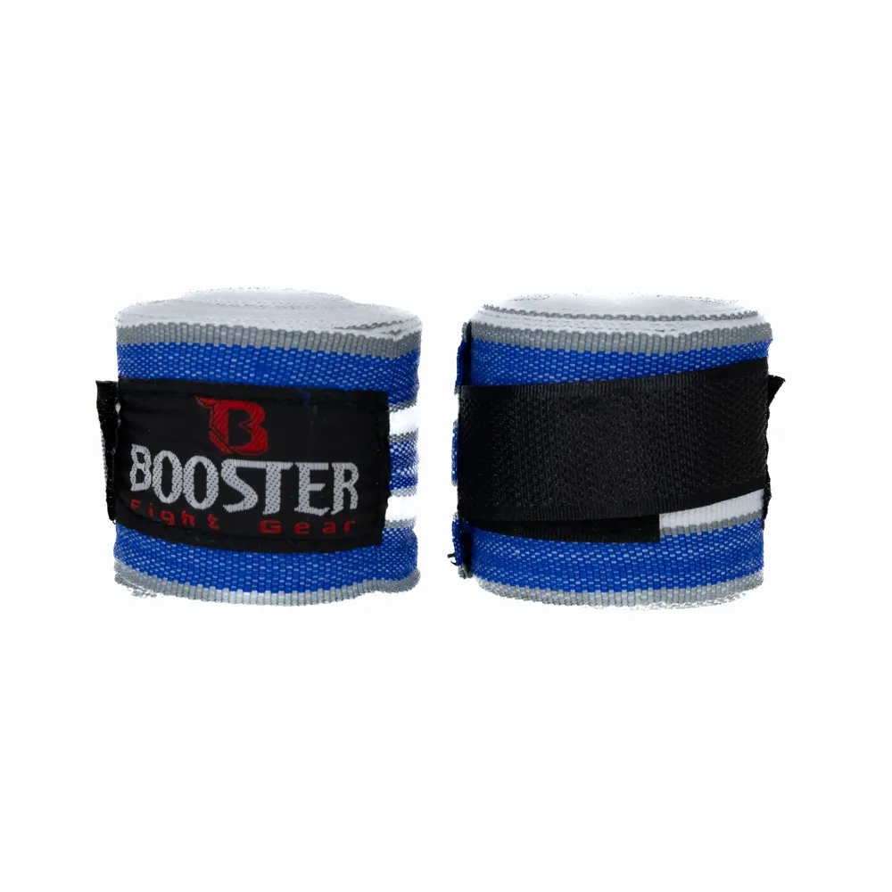 Син бинт Booster BPC RETRO 2, навит на руло, показващ логото на Booster Fight Gear.