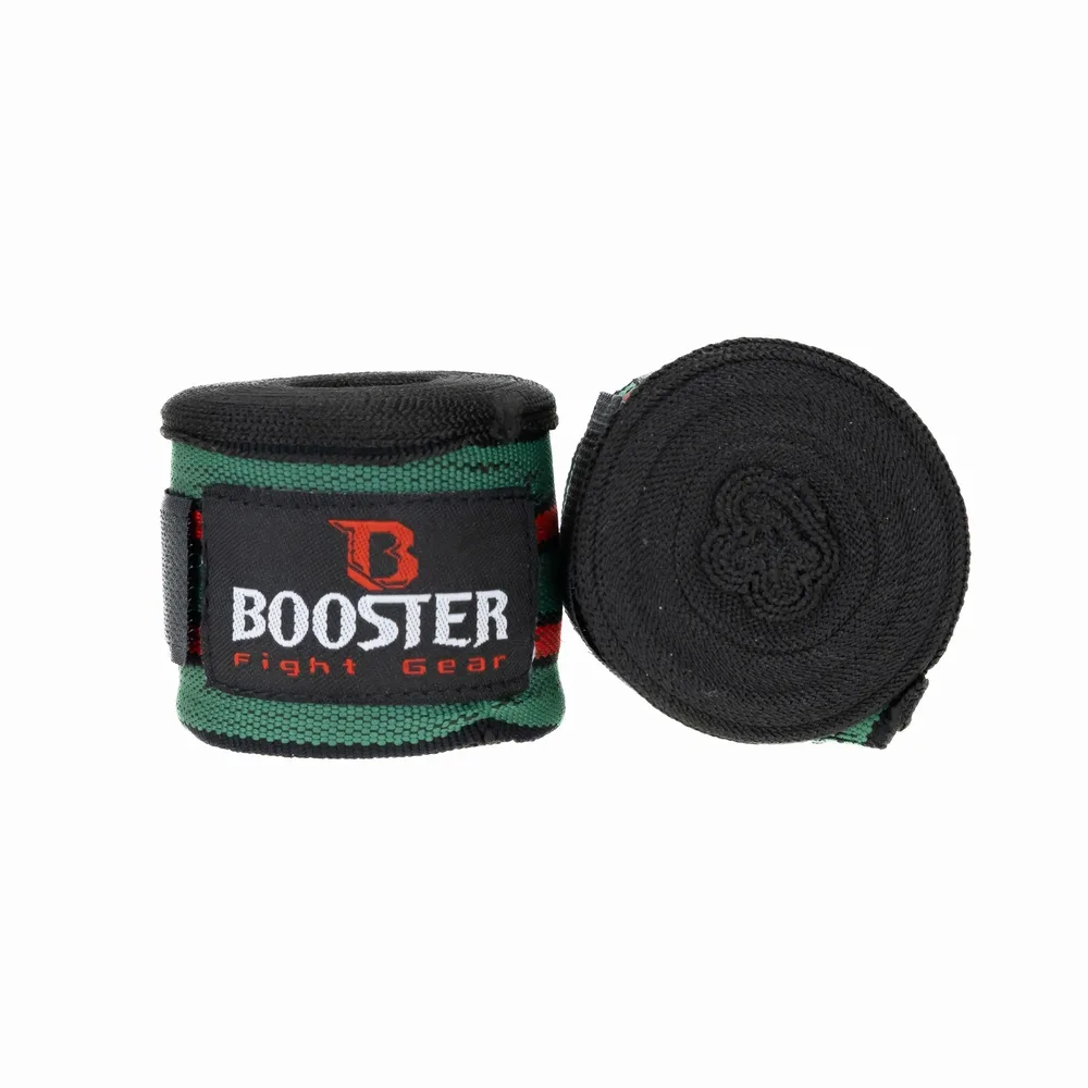 Разгънати черни бинтове Booster BPC RETRO 3, показващи дължината и велкро закопчаването.