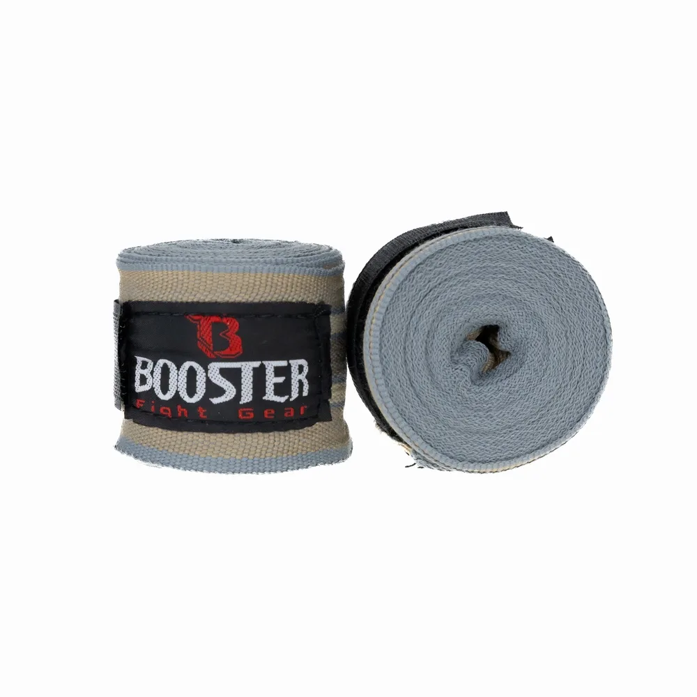 Детайлен изглед на сивите бинтове Booster BPC RETRO 4 с логото на марката и велкро закопчаване