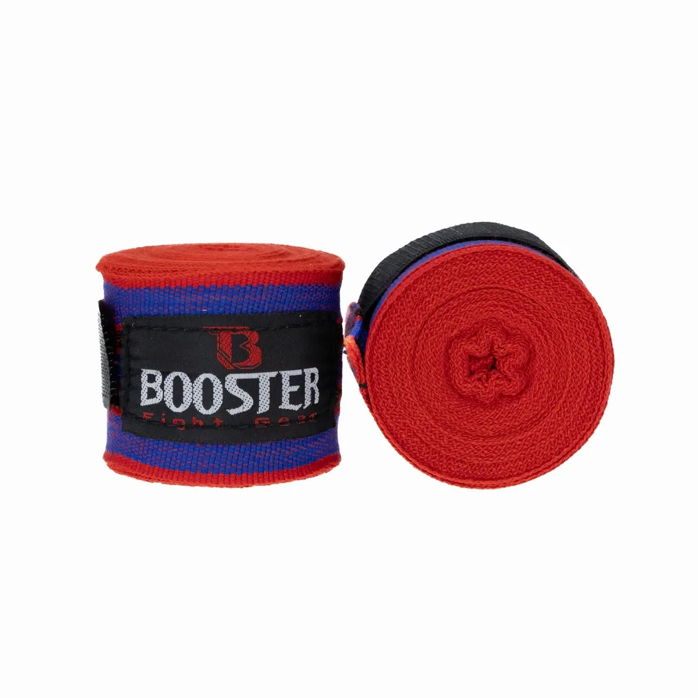 Детайлен изглед на червени бинтове Booster BPC RETRO 5, показващ текстурата на материята и велкро закопчаването.