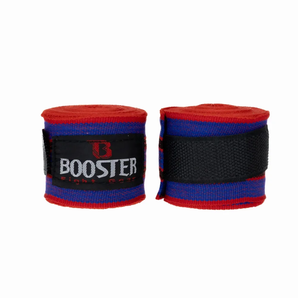 Червени бинтове Booster BPC RETRO 5, разгънати, показващи логото на Booster Fight Gear.