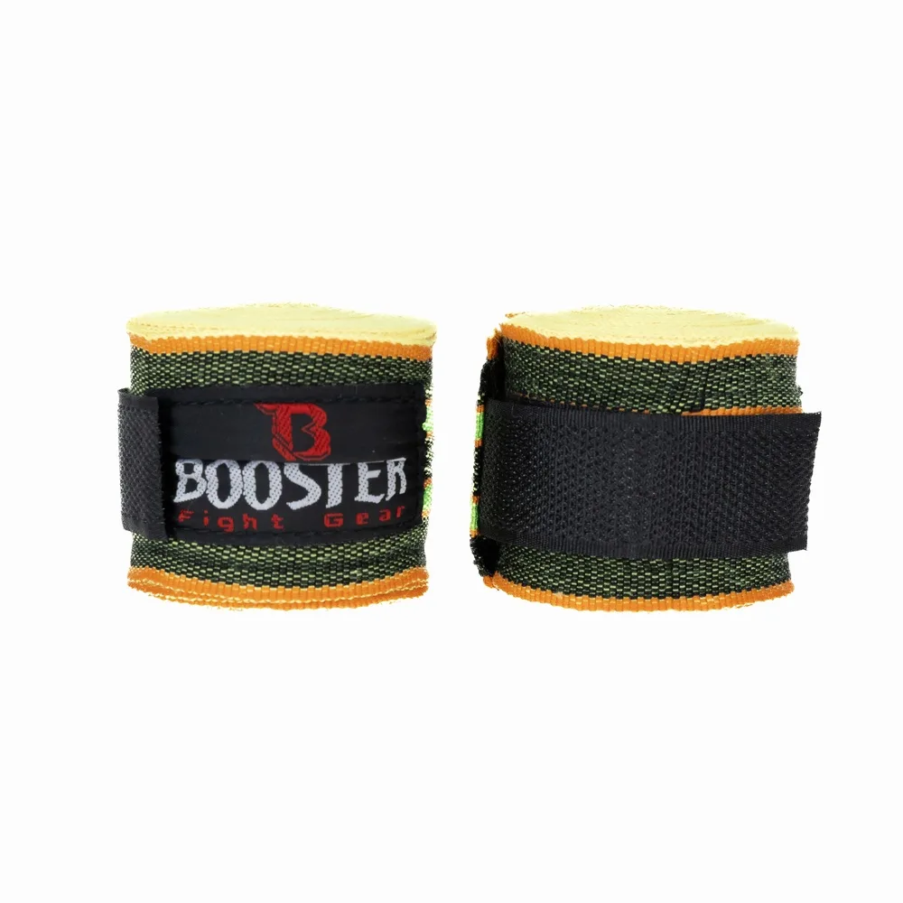 Жълти бинтове Booster BPC RETRO 6, разгънати, показващи логото на Booster Fight Gear и велкро закопчаването.