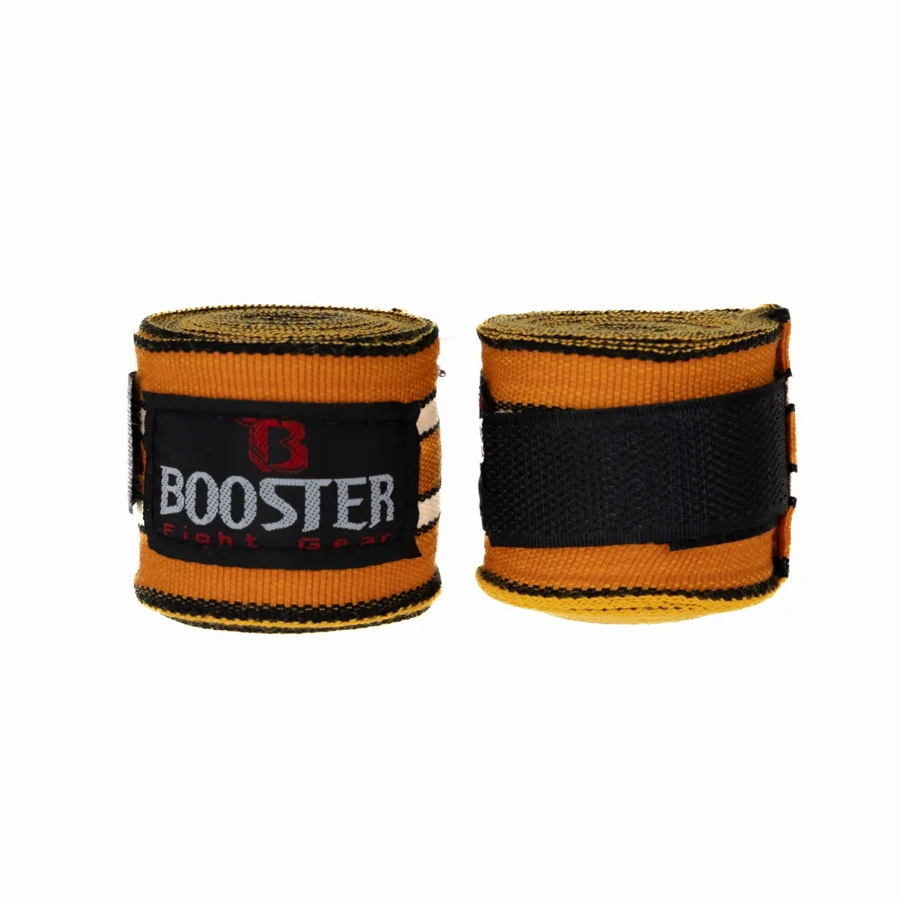 Жълти бинтове Booster BPC RETRO 7, разгънати, показващи логото на Booster Fight Gear и велкро закопчаването.