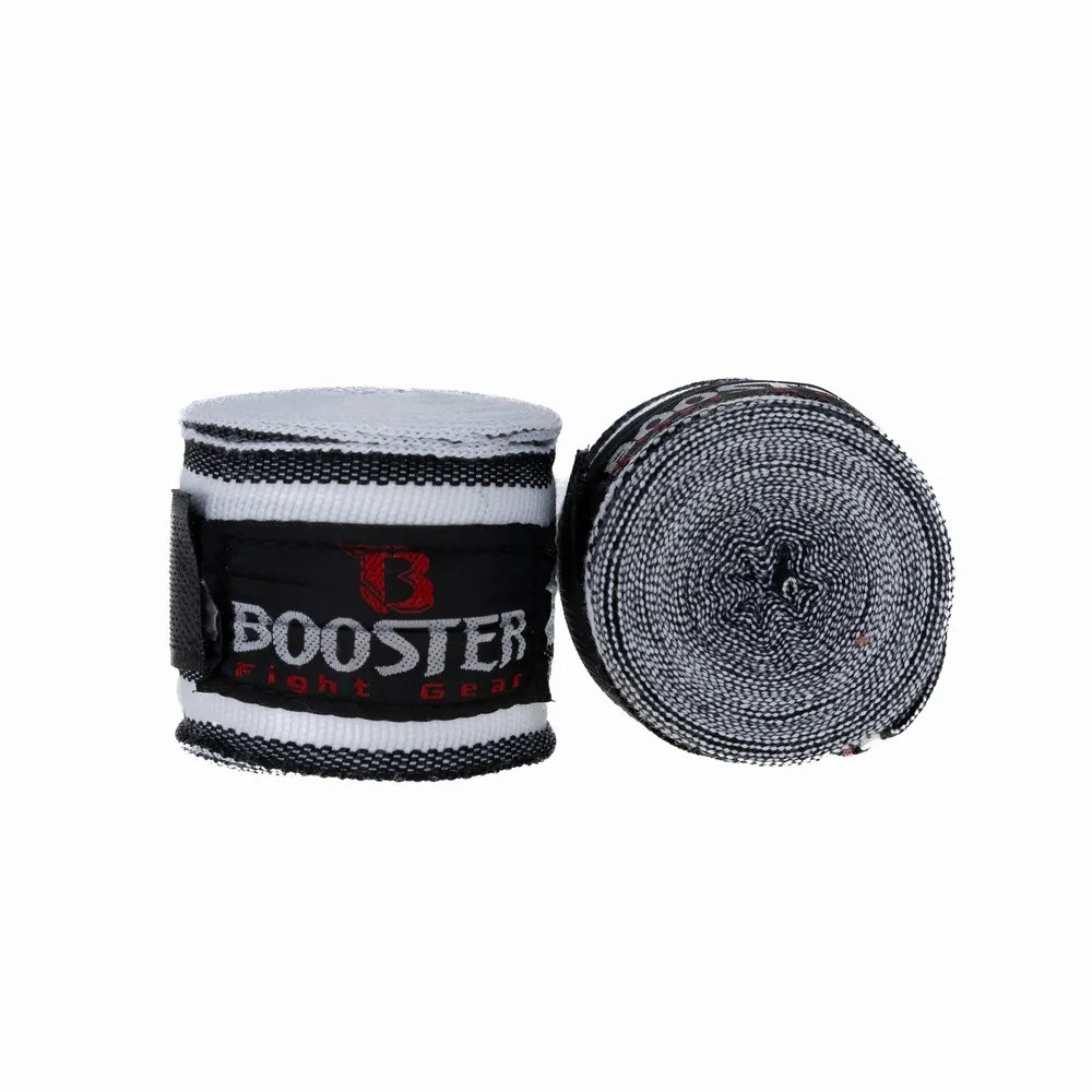 Близка снимка на бинтове Booster BPC RETRO GREY, навити на руло, с акцент върху велкро закопчалката и текстурата на плата.