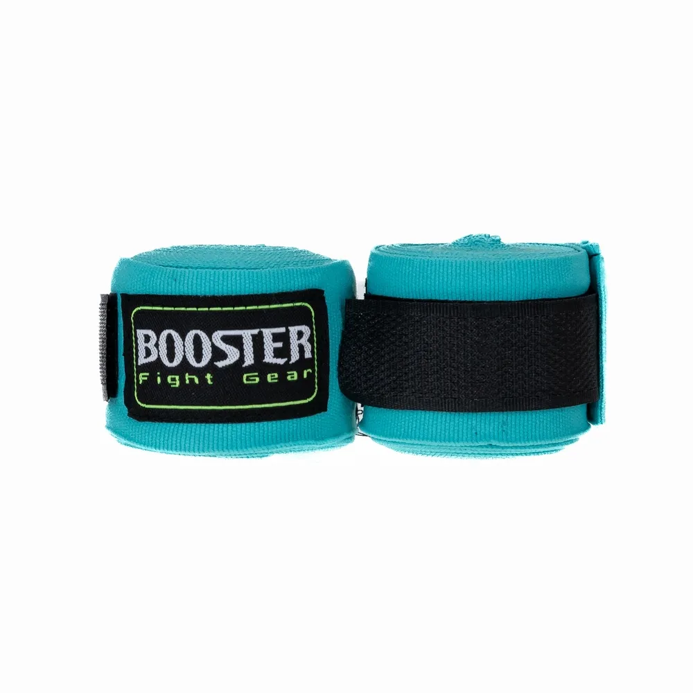 Бинтове Booster BPC TURQUOISE, разгънати, показващи тюркоазен цвят и лого на Booster Fight Gear