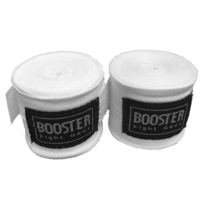 Бинтове Booster BPC WHITE, разгънати, показващи дължината и текстурата на поли-памучния материал, с ясно видимо лого.