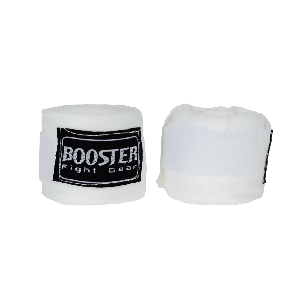 Бинтове Booster BPC WHITE, навити на руло, показващи логото на Booster Fight Gear и велкро закопчаването.