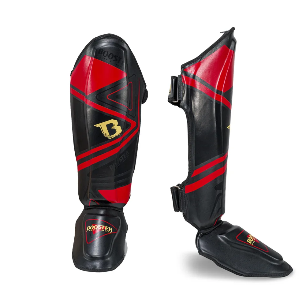 Протектори за крака Booster BSG V10 BK/RD в черен цвят с червени акценти, изглед отпред