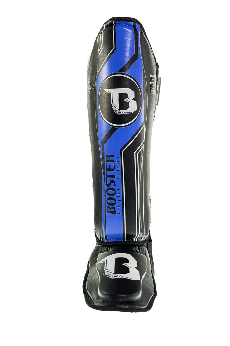 Протектори за крака Booster BSG V9 BLACK/BLUE, изглед отпред, показващ черния цвят и сините акценти, с логото на Booster.