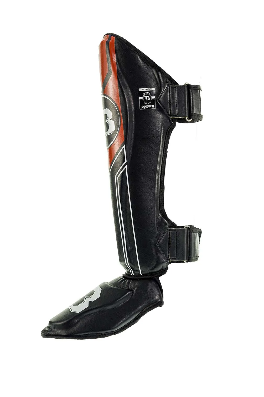 Booster BSG V9 BLACK/RED протектори за крака, страничен изглед, показващ велкро лентите за закопчаване и формата, осигуряваща защита на пищяла и стъпалото.