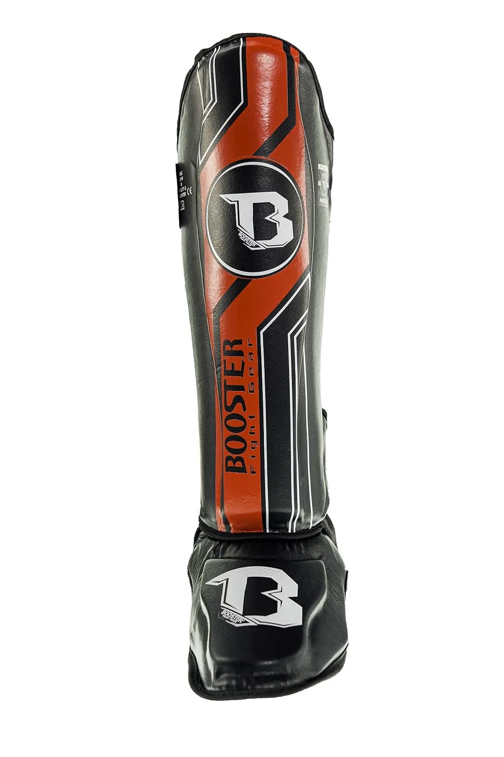 Booster BSG V9 BLACK/RED протектори за крака, изглед отпред, демонстриращ черния цвят с червени акценти и логото на Booster.