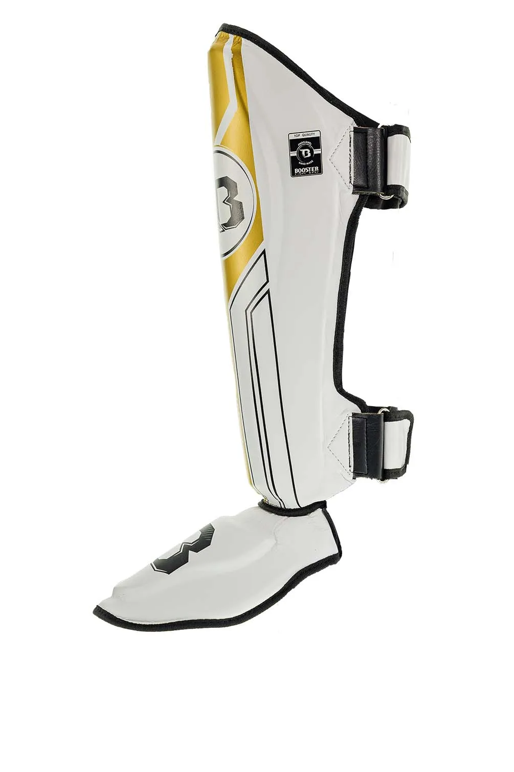 Протектори за крака Booster BSG V9 WHITE/GOLD, изглед отстрани, показващ велкро лентите и формата за прилягане.