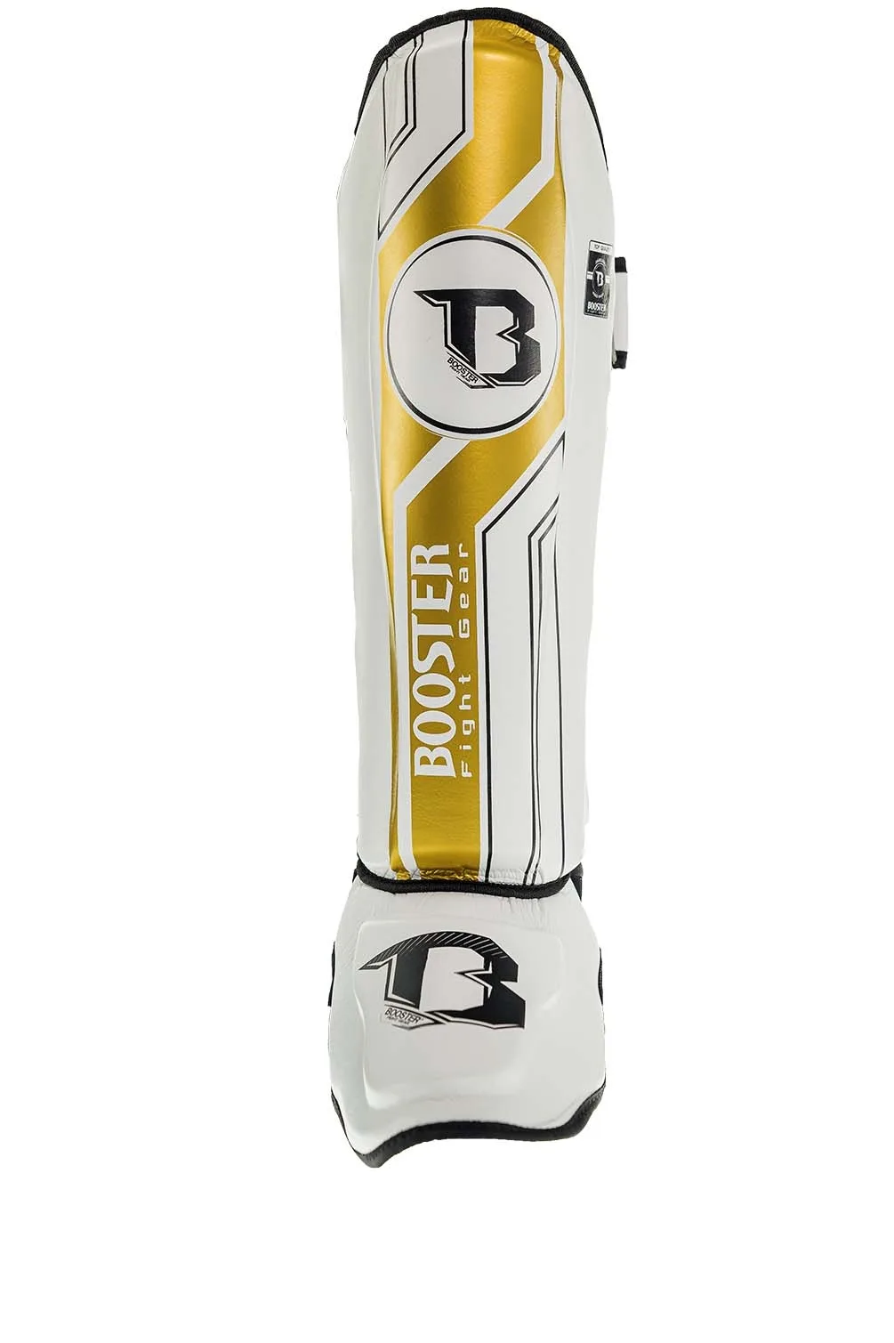 Протектори за крака Booster BSG V9 WHITE/GOLD, изглед отпред, показващ бял цвят и златни акценти.