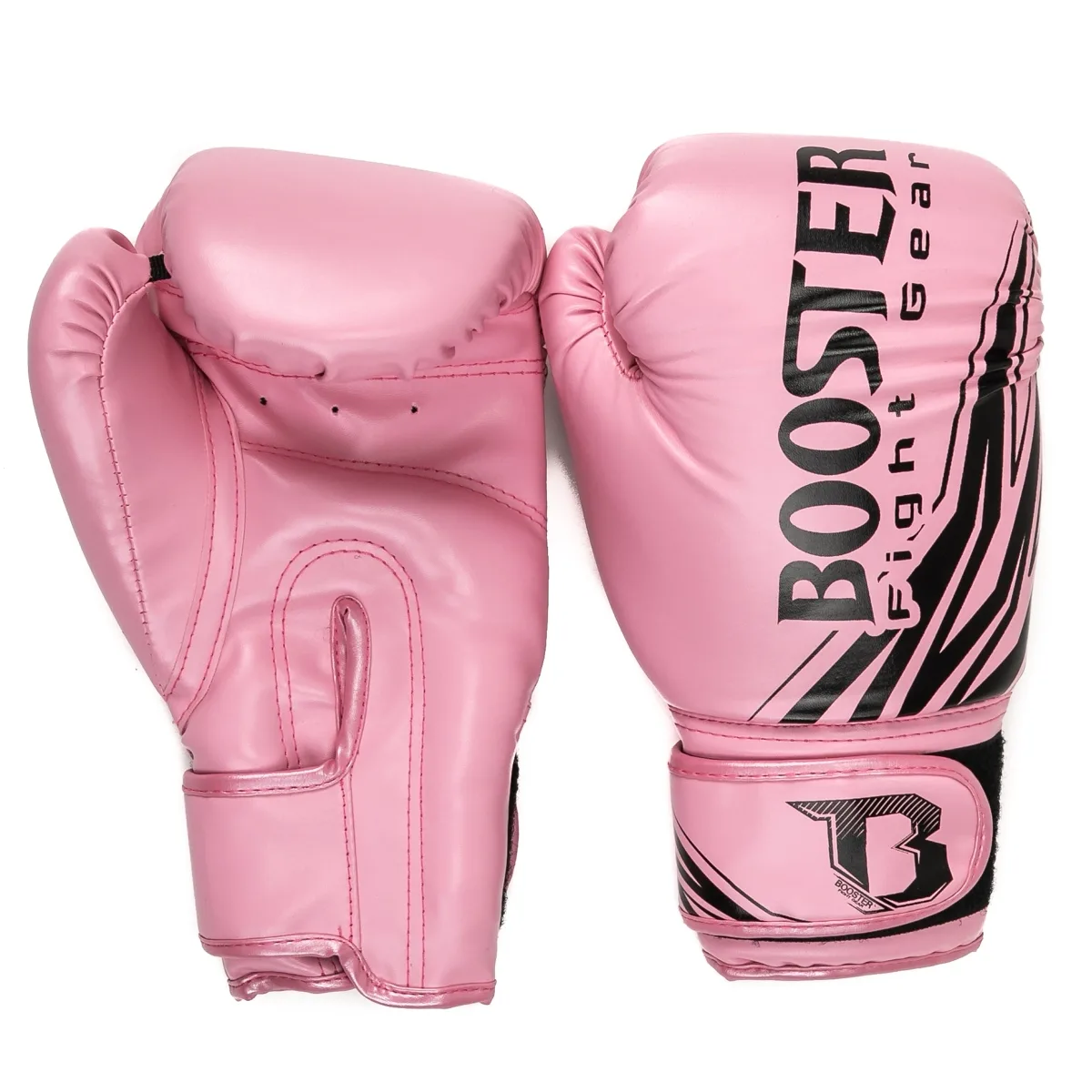 Близък план на розова боксова ръкавица Booster BT CHAMPION PINK, акцентиращ върху качествената синтетична кожа и шевовете.