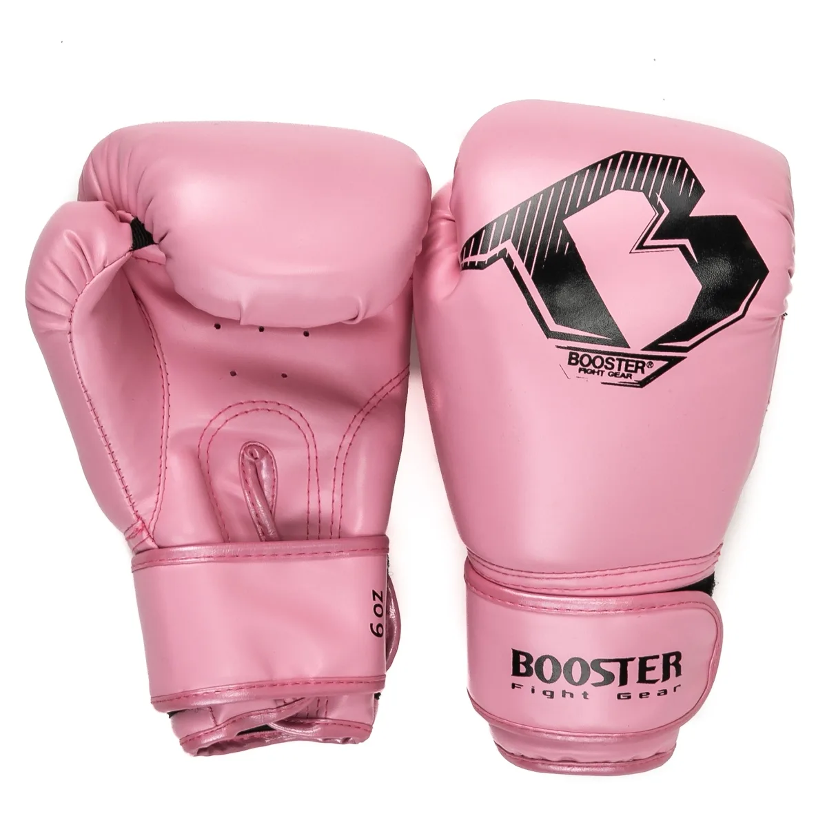 Розови боксови ръкавици Booster BT STARTER PINK, изглед отпред, показващ зоната за удар и прикрепения палец.