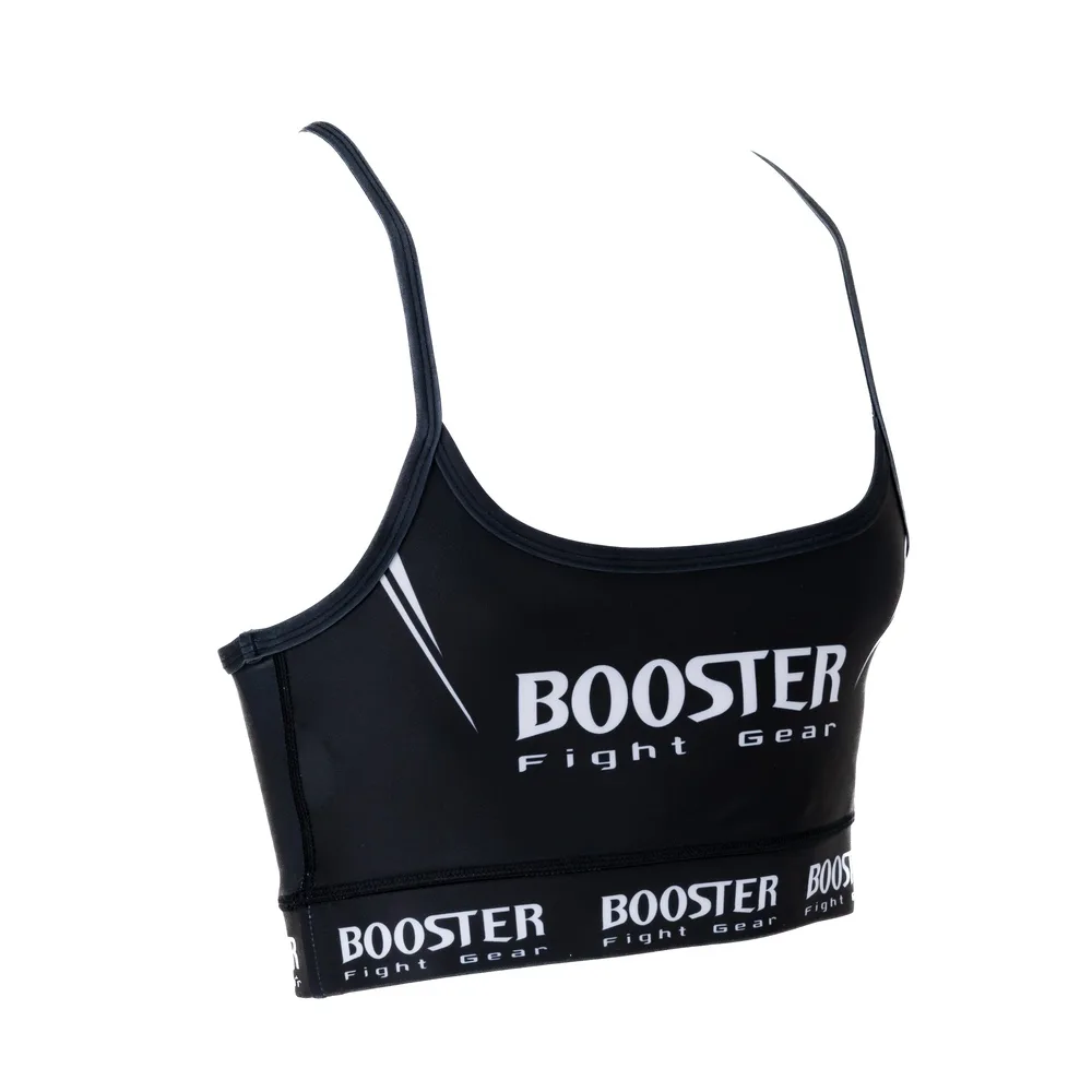 Дамски спортен топ Booster Challenge V2 в черно, показан отзад върху модел, демонстриращ високата кройка и прилягането.