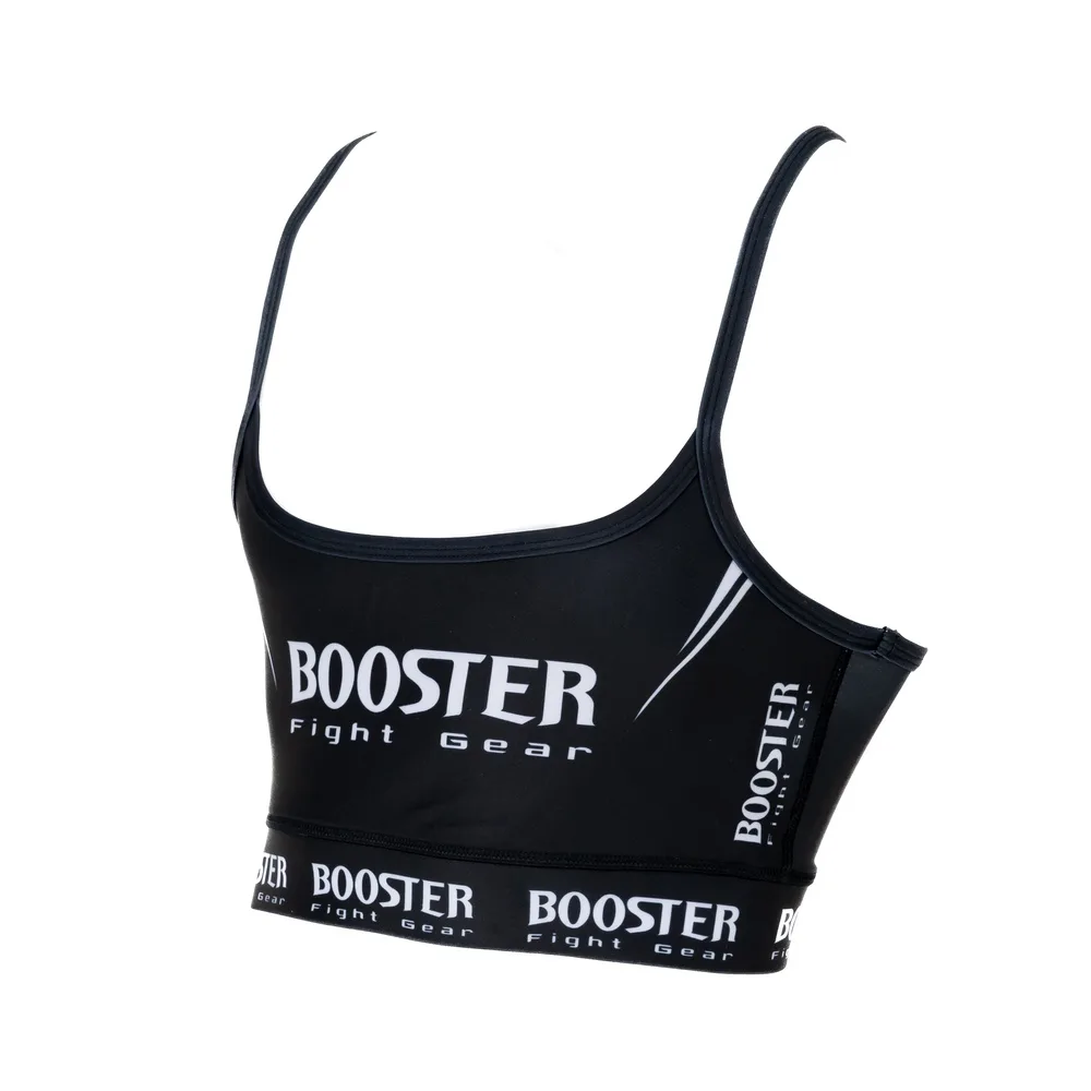 Дамски спортен топ Booster Challenge V2 в черно, показан отпред върху модел, подчертаващ дизайна и логото.